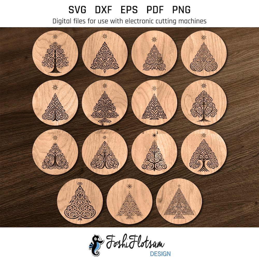 Coaster SVG - Celtic Christmas tree SVG coaster bundle image 4 All 15 Celtic Christmas tree coaster SVG designs shown on one page as digital, stylized coaster SVGs.